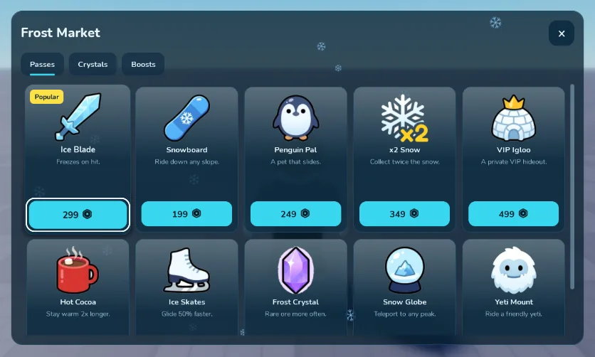 Cashier with the Frost Style: a snow game’s market with snowflakes falling